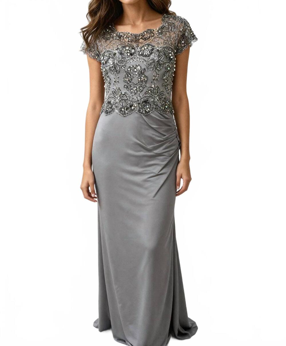 NEW ISABELLE ALLARD short-sleeved sheer embellished sequined evening dress in gr